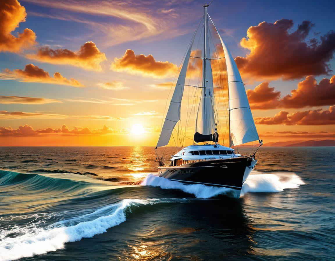 A serene seaside scene featuring a luxurious yacht with billowing sails, navigating through gentle waves. Include elements depicting marine insurance, like a clipboard with policy documents and a subtle overlay of protective shields. The background should showcase a vibrant sunset reflecting on the water, symbolizing safety and adventure. super-realistic. vibrant colors. 3D.