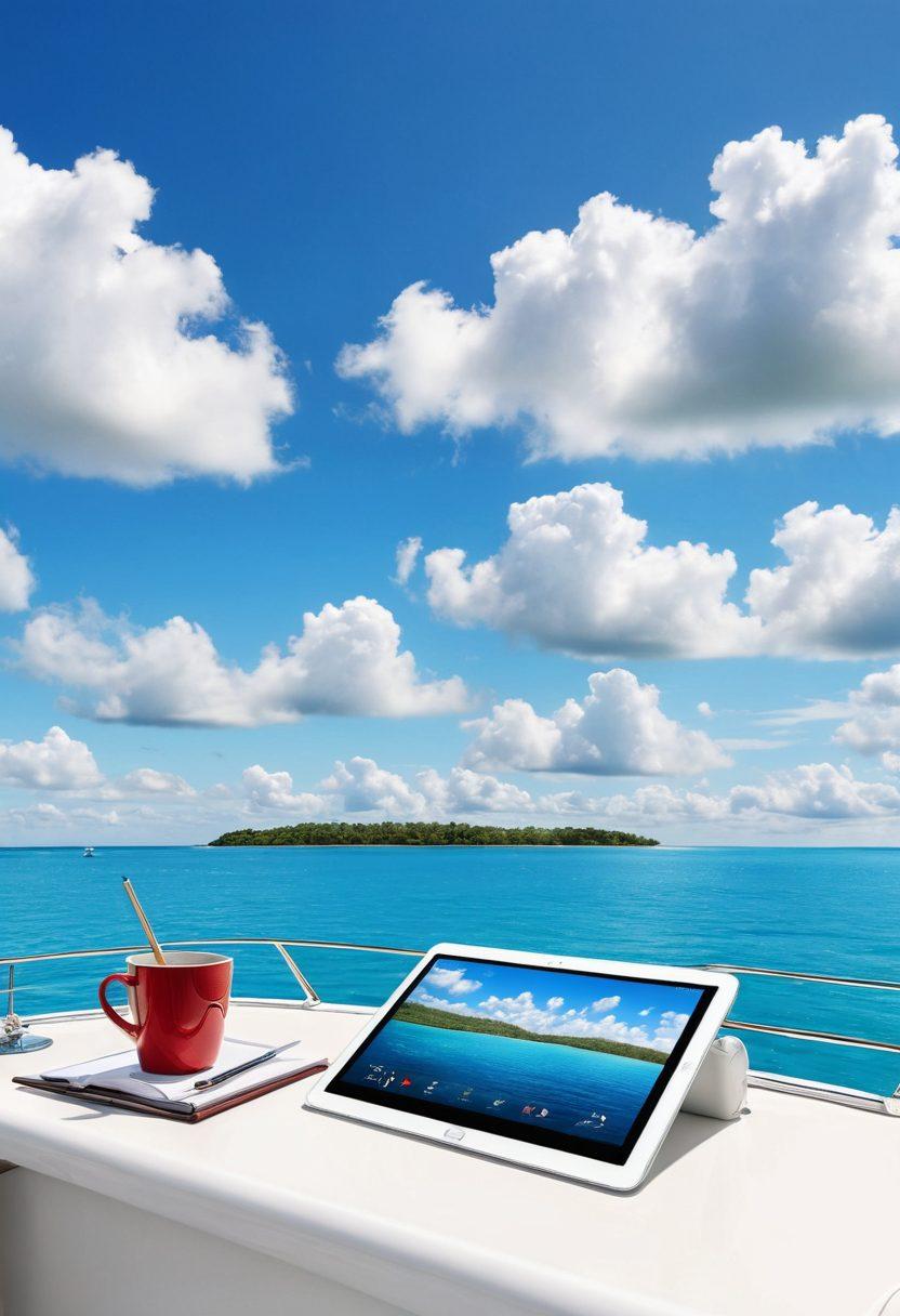 A serene yacht floating on calm waters, surrounded by a bright blue sky with fluffy white clouds. Include a captain reviewing safety checklists on a tablet, with safety equipment visibly organized on the yacht. Feature a tranquil coastline in the distance, evoking a sense of security and adventure. super-realistic. vibrant colors. white background.