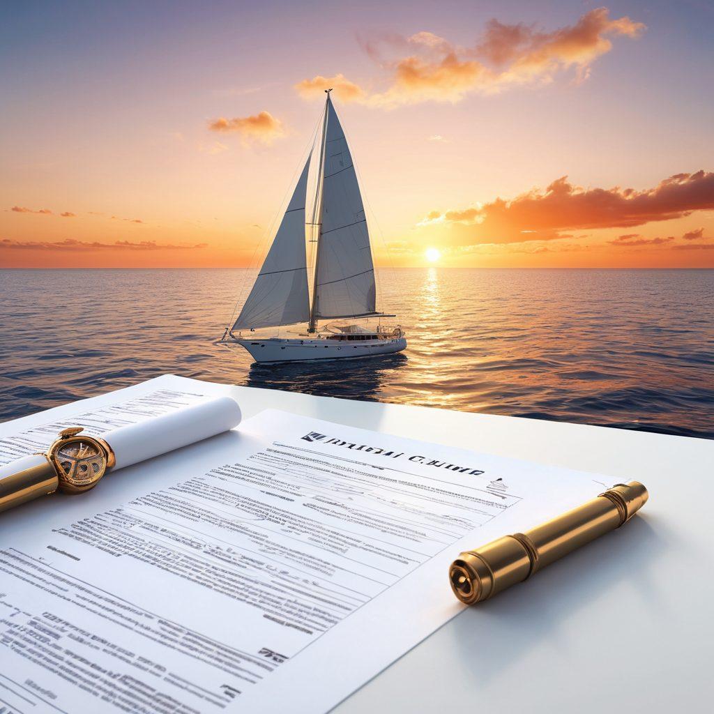 A serene seascape featuring a majestic yacht sailing smoothly across crystal-clear waters, with insurance documents and a compass subtly integrated into the foreground. Include a vibrant sunset in the background, casting warm hues over the scene, while calm waves reflect the colors of the sky. Illustrate a peaceful and adventurous atmosphere that appeals to sailors. super-realistic. vibrant colors. white background.